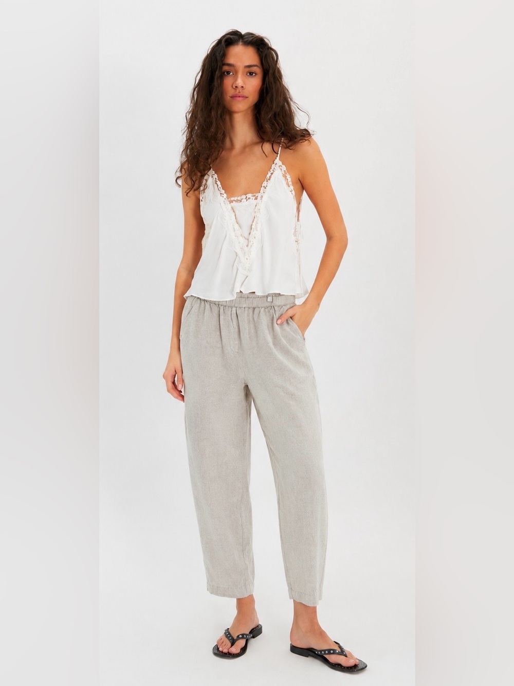 Oysho Linen Blend Pull On Pants L | Beige Relaxed Tapered Coastal